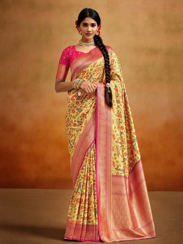 Yellow And Pink Soft Handloom Banarasi Silk Saree